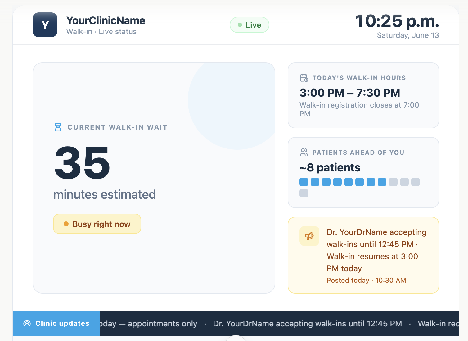 TONVUX Kiosk dashboard showing clinic wait time status announcements and provider availability controls