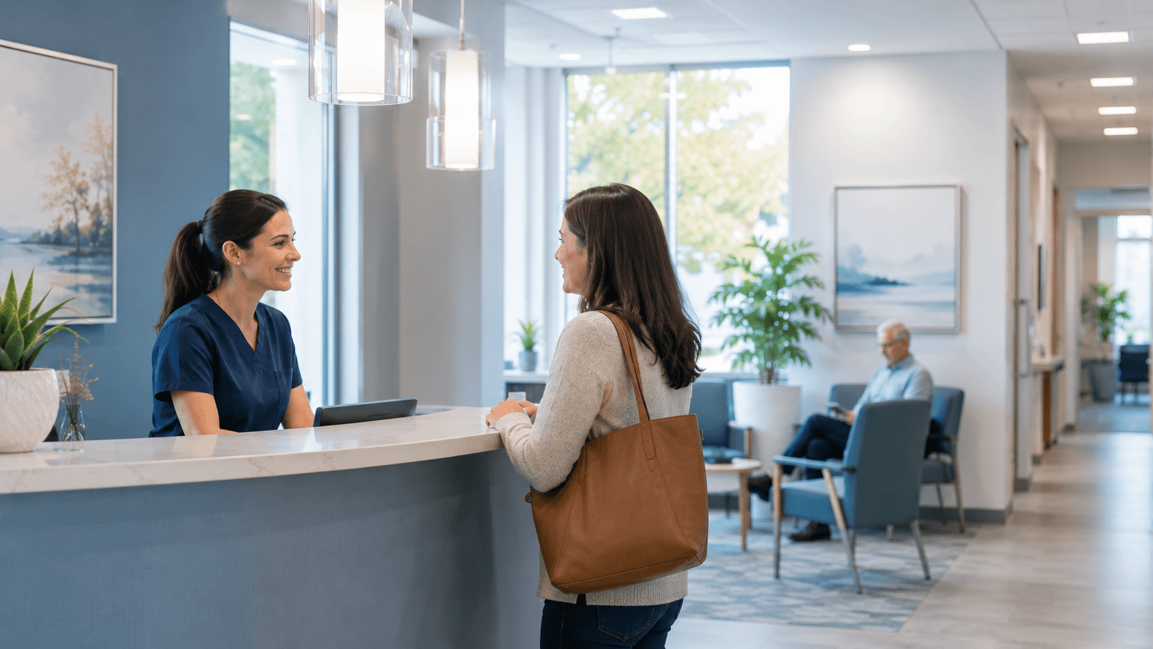 Allied health clinic reception area for patient communication and clinic status updates