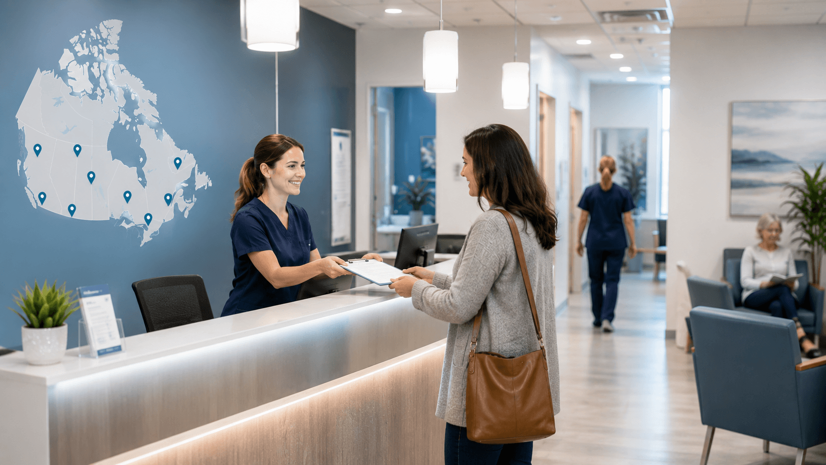 Modern urgent care clinic reception area for patient communication and clinic status updates