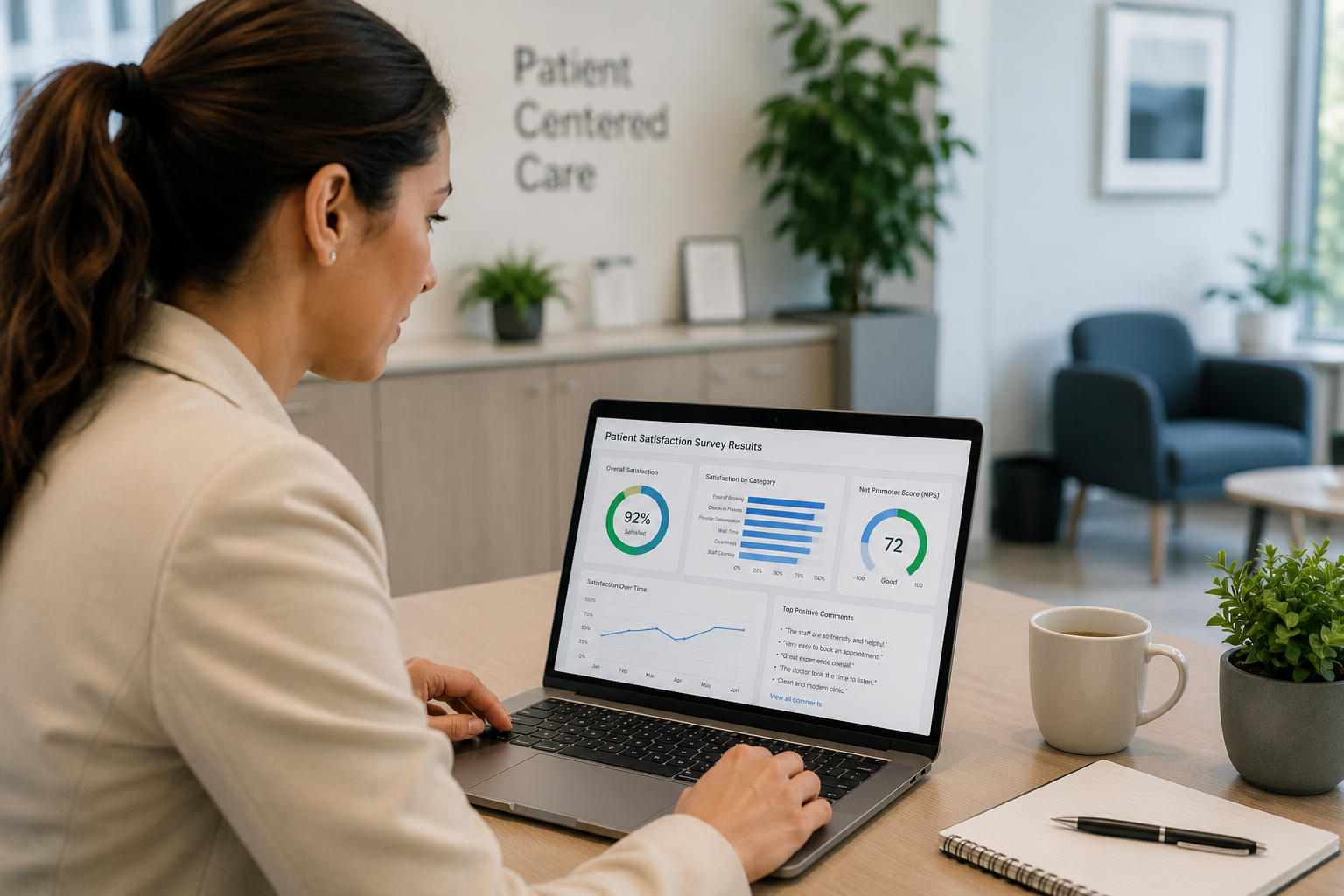 Clinic manager measuring patient satisfaction with feedback and surveys